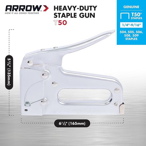 أداة المطرقة الثقيلة Arrow HT50، دباسة يدوية من الفولاذ المطلي بالكروم مع مقبض محكم الإمساك، مجلة تحميل خلفي مزدوجة السعة، تناسب دبابيس مقاس 5/16 بوصة، 3/8 بوصة، أو 1/2 بوصة in Kuwait