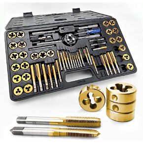 Azuno 40PCS Metric Tap and Die Set, Titanium Coated GCr15 Bearing Steel with T-Handle/Wrench/Gauge/Screwdriver in Storage Case, Essential Threading