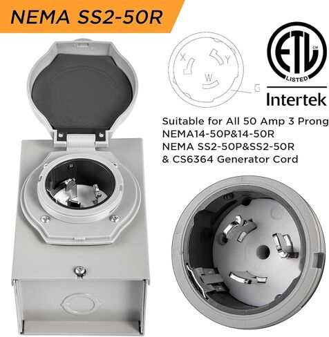 صندوق مدخل طاقة مولد IHAYNER 50 أمبير، NEMA SS2-50P، صندوق مدخل سلك مولد 50 أمبير، صندوق مدخل طاقة NEMA 14-50P لسلك مولد 3 شقوق، مقاوم للطقس، 125/250 فولت، 12500 وات، مدرج في قائمة ETL in Kuwait