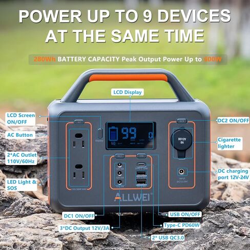ALLWEI Portable Power Station 300W(Peak 600W), 280Wh Solar Generator with USB-C PD60W, 110V Pure Sine Wave AC Outlet, 78000mAh Backup Lithium Battery for Outdoor Camping Travel Emergency Home Blackout in Saudi Arabia