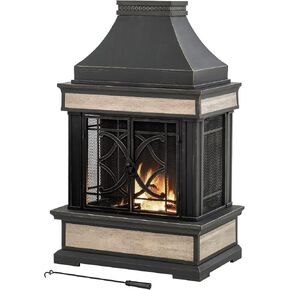 Sunjoy Outdoor Fireplace, Heirloom Patio Wood Burning Steel Fireplace with Chimney, Spark Screen, Fire Poker, and Removable Grate, Black in Saudi Arabia