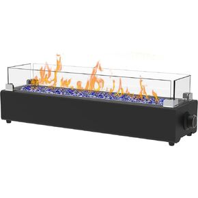 28-inch Table Top Propane Fire Pit, 40,000 BTU Tabletop Firepit for Patio, Outdoor Portable Fireplace Rectangular Fire Bowl w/Wind Glass Shield, Glass Rocks - Black