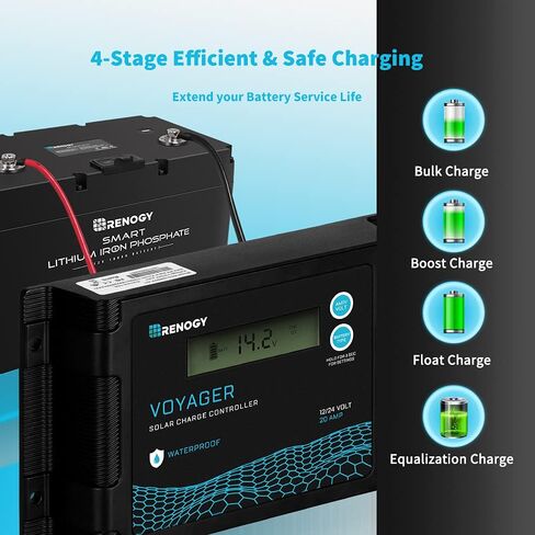 Renogy Voyager 10A 12V/24V PWM وحدة تحكم شحن بالطاقة الشمسية مقاومة للماء مع شاشة LCD لبطارية AGM، جل، مغمورة وبطارية ليثيوم، تستخدم في RVs، المقطورات، القوارب، اليخوت، Voyager 10A، أزرق/أسود in Saudi Arabia