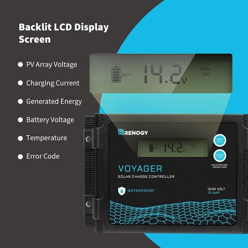 Renogy Voyager 10A 12V/24V PWM وحدة تحكم شحن بالطاقة الشمسية مقاومة للماء مع شاشة LCD لبطارية AGM، جل، مغمورة وبطارية ليثيوم، تستخدم في RVs، المقطورات، القوارب، اليخوت، Voyager 10A، أزرق/أسود in Saudi Arabia