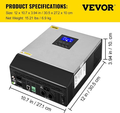 VEVOR عاكس شمسي هجين، 3KVA 2400W، عاكس موجة جيبية نقية خارج الشبكة، 24VDC إلى 110VAC عاكس متعدد الوظائف مع وحدة تحكم شحن بالطاقة الشمسية 50A PWM مدمجة، يدعم المرافق/المولد/الطاقة الشمسية in Kuwait