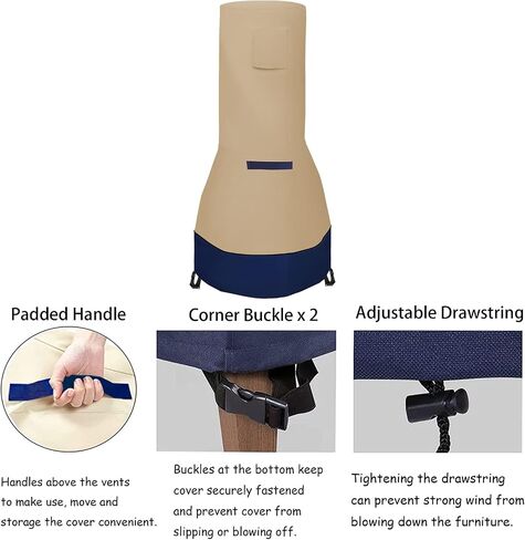 DUSTYPROTE Chiminea Cover，Weather-Proof Chiminea Fire Pit Cover，Fire Pit Heater Cover Waterproof，Clay Chiminea Cover Large Size, Khaki Patchwork Dark Blue, Cover Only in Saudi Arabia