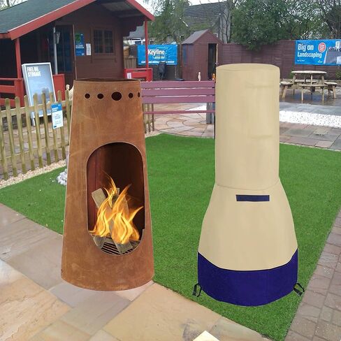 DUSTYPROTE Chiminea Cover，Weather-Proof Chiminea Fire Pit Cover，Fire Pit Heater Cover Waterproof，Clay Chiminea Cover Large Size, Khaki Patchwork Dark Blue, Cover Only in Saudi Arabia