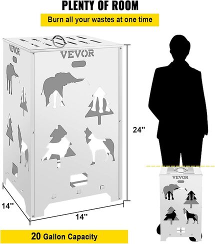 VEVOR Burn Barrel, 14x14x24 inch Burn Cage, Stainless Steel Cage Incinerator, Incinerator Barrel with Lid and Handle, Fire Poker and Ignition Holes, Perfect for Outdoors in Saudi Arabia