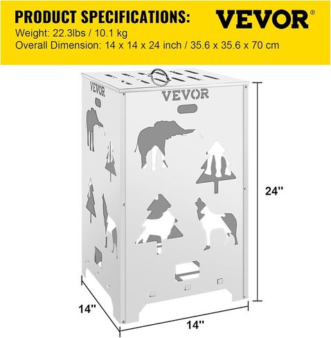 VEVOR Burn Barrel, 14x14x24 inch Burn Cage, Stainless Steel Cage Incinerator, Incinerator Barrel with Lid and Handle, Fire Poker and Ignition Holes, Perfect for Outdoors in Saudi Arabia