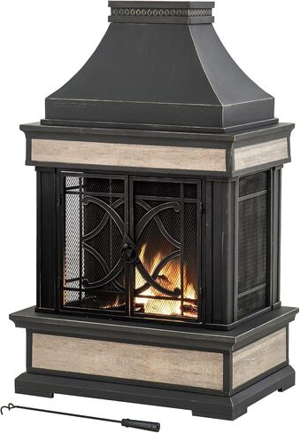 Sunjoy Outdoor Fireplace, Heirloom Patio Wood Burning Steel Fireplace with Chimney, Spark Screen, Fire Poker, and Removable Grate, Black in Kuwait