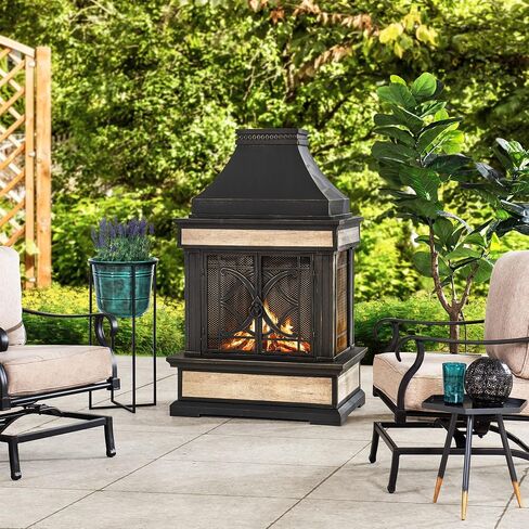 Sunjoy Outdoor Fireplace, Heirloom Patio Wood Burning Steel Fireplace with Chimney, Spark Screen, Fire Poker, and Removable Grate, Black in Kuwait