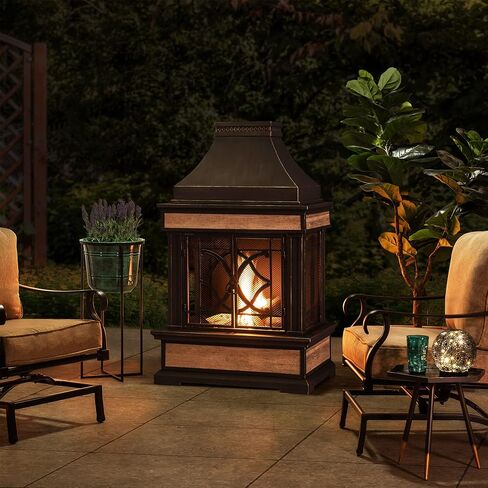 Sunjoy Outdoor Fireplace, Heirloom Patio Wood Burning Steel Fireplace with Chimney, Spark Screen, Fire Poker, and Removable Grate, Black in Kuwait