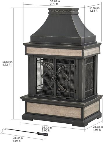 Sunjoy Outdoor Fireplace, Heirloom Patio Wood Burning Steel Fireplace with Chimney, Spark Screen, Fire Poker, and Removable Grate, Black in Kuwait