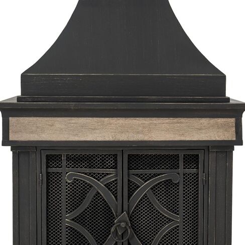 Sunjoy Outdoor Fireplace, Heirloom Patio Wood Burning Steel Fireplace with Chimney, Spark Screen, Fire Poker, and Removable Grate, Black in Kuwait