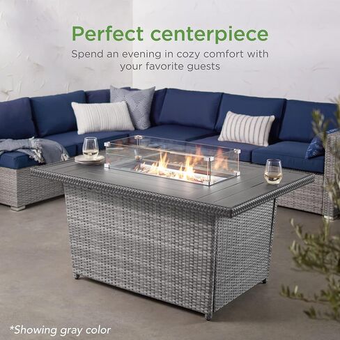 Best Choice Products 52in 50,000 BTU Outdoor Wicker Patio Propane Gas Fire Pit Table w/Aluminum Tabletop, Glass Wind Guard, Clear Glass Rocks, Cover, Slide Out Tank Holder, and Lid - Brown in Saudi Arabia