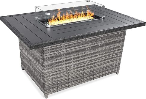 Best Choice Products 52in 50,000 BTU Outdoor Wicker Patio Propane Gas Fire Pit Table w/Aluminum Tabletop, Glass Wind Guard, Clear Glass Rocks, Cover, Slide Out Tank Holder, and Lid - Brown in Saudi Arabia