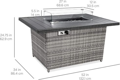 Best Choice Products 52in 50,000 BTU Outdoor Wicker Patio Propane Gas Fire Pit Table w/Aluminum Tabletop, Glass Wind Guard, Clear Glass Rocks, Cover, Slide Out Tank Holder, and Lid - Brown in Saudi Arabia