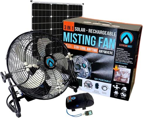 EXTREMEMIST 14" Misting Fan – 3 Mister Nozzles, 20W Solar Panel | Detachable Pump with 16ft. Misting Line | Perfect for Outdoors, Camping, Tailgating in Saudi Arabia