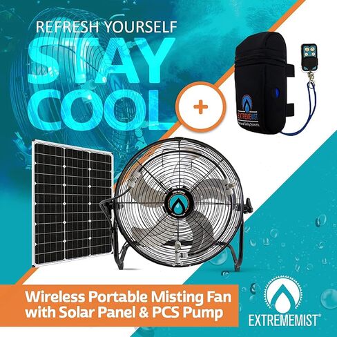 EXTREMEMIST 14" Misting Fan – 3 Mister Nozzles, 20W Solar Panel | Detachable Pump with 16ft. Misting Line | Perfect for Outdoors, Camping, Tailgating in Saudi Arabia