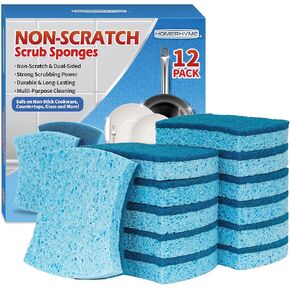 Non-Scratch Cellulose Scrub Sponges 12 Pack, Kitchen Sponge with Double-Side & Ergonomic Design. Sturdy Sponge for Dishes, Coated Cookware, Sink & Countertops.