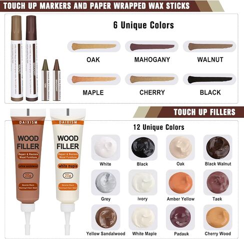 CHUKCHI Wood Furniture Repair Kit, 28 Piece Set Wood Filler Repair Kit Furniture Scratch Hole Restorer with Scraper, Brushes, Palette for Repairing Floors, Desks, Cabinets Covering Stains in Saudi Arabia