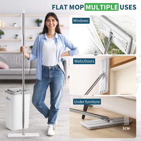 مجموعة ممسحة ودلو أرضية مسطحة من أوشانغ OG3، نظام تنظيف الأرضيات المنزلية بدون استخدام اليدين، مقبض طويل من الفولاذ المقاوم للصدأ بطول 60 بوصة، رأسان ممسحة من الألياف الدقيقة قابلان للغسل وإعادة الاستخدام، تنظيف مثالي لنافذة جدار المنزل in Kuwait
