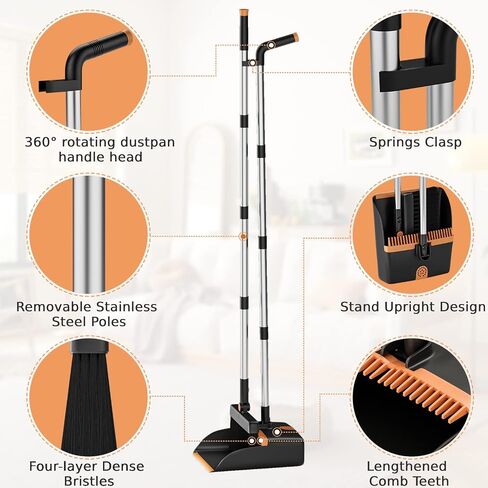 Broom and Dustpan Set, Cleaning Supplies Broom and Dustpan Set for Home, 48" Long Stainless Steel Handle Brooms with Upright Dustpan Combo Set for Home Office Kitchen Lobby Floor Cleaning in Saudi Arabia