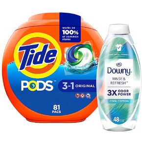 Tide PODS Laundry Detergent Soap Pods, HE Compatible, Original, 81 Count & Downy RINSE & REFRESH Laundry Odor Remover And Fabric Softener, HE Compatible, Cool Cotton, 48 fl oz in Kuwait