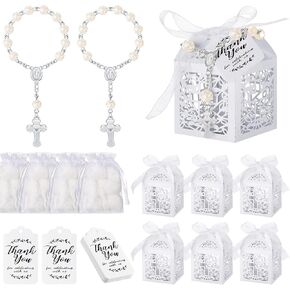 100 Pieces Baptism Favors Set Includes 25 Pieces Mini Rosary, 25 Pieces Laser Cut Boxes , 25 Pieces White Organza Bags and 25 Pieces Thank You Tags for Baby Shower Party Wedding (Gold)