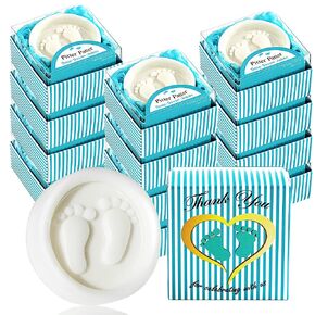 AIXIANG 50 Set Handmade Blue Pitter Patter Gift Boxed Little Baby-feet Scented Soap Favors for Baby Boy Baby Shower Favors and Decorations + Baby Party Cake Topper
