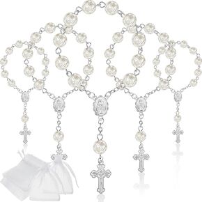 30 Pieces Mini Rosaries Baptism Rosary Beads Acrylic Ivory Color Finger Baptism Rosaries Faux Pearls with Organza Bags for Christening Weddings Party Favors