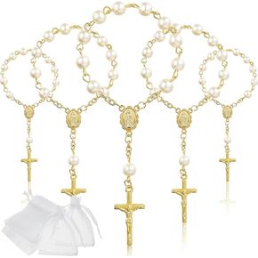Junkin 30 Pieces Baptism Rosary Acrylic Rosary Beads Ivory Color Mini Finger Baptism Rosaries Gold Plated Faux Pearls with Organza Bags for Christening Weddings Party Favors in Saudi Arabia
