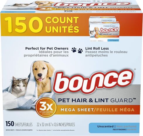 Bounce Pet Hair and Lint Guard Mega Fabric Softener Dryer Sheets with 3X Pet Hair Fighters, Unscented, 150 Count in Kuwait