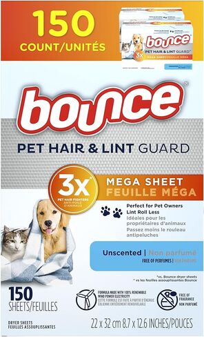 Bounce Pet Hair and Lint Guard Mega Fabric Softener Dryer Sheets with 3X Pet Hair Fighters, Unscented, 150 Count in Kuwait