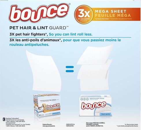 Bounce Pet Hair and Lint Guard Mega Fabric Softener Dryer Sheets with 3X Pet Hair Fighters, Unscented, 150 Count in Kuwait