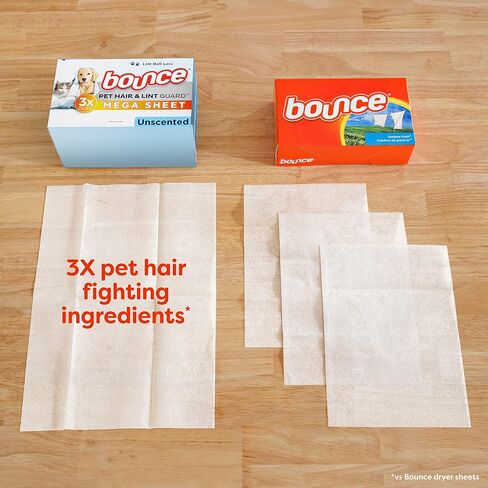 Bounce Pet Hair and Lint Guard Mega Fabric Softener Dryer Sheets with 3X Pet Hair Fighters, Unscented, 150 Count in Kuwait