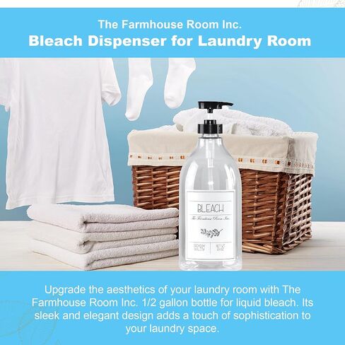 موزع مبيض لغرفة الغسيل من The Farmhouse Room Inc. - موزع زجاجة بمضخة للمبيض السائل - خالٍ من مادة BPA وموزع صابون بلاستيك PET سعة 1/2 جالون - زجاجة مبيض مقاومة للماء سعة 64 أونصة in Kuwait