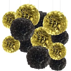 YESON Black and Gold Tissue Paper Pom Poms Hanging Tissue Flowers Poms Decorations Pack of 12 for Wedding, Birthday,Party Backdrop Decor ect. (12", 10",Tissue Paper Flowers) in Kuwait