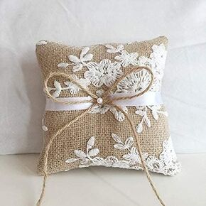 LABJULY Ring Bearer Pillows Lace Bow Flower for Wedding Ceremony with Vintage Rustic Lace Bow Pearl Embroidered Flower Ribbon
