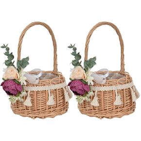 2Pack Flower Girl Baskets,Flowers Bouquet Silk Petals White Ribbon for Wedding,Woven Storage Basket with Handle,Rustic Decorative Flower Basket,Green (45P31XGN0V7L1501W)