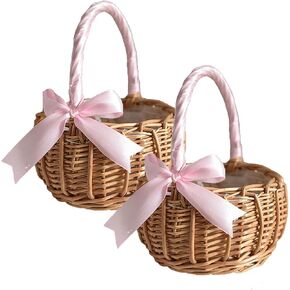 2PCS Wedding Flower Girl Basket Set,Wicker Rattan Flower Basket with Handle,Petal Basket Candy Storage Basket ,Rattan Box Home Decoration, Pink, 5.9x7.5 in (210209HT07-32#ADM05)