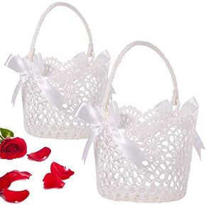 WILLBOND White Basket Handle Wedding Flower Girl Baskets, 5.90 x 4.72 x 4.33 Inch (2 Packs)