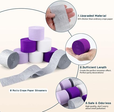 شرائط ورقية من الكريب 8 لفات لتزيين حفلات الزفاف واعياد الميلاد وحفلات استقبال المولود والتخرج ولوازم اصنعها بنفسك (فضي/ارجواني) in Kuwait