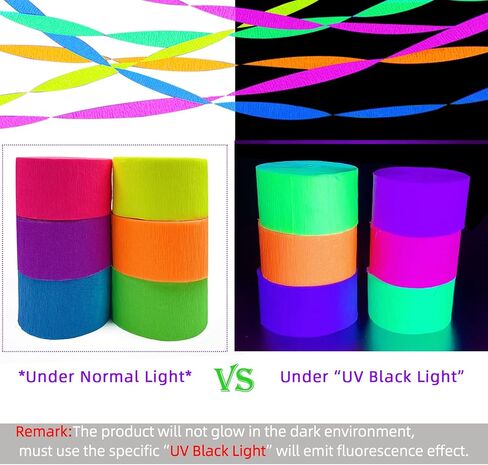 400 feet Glow Party Neon Streamer Decorations Glow Crepe Paper Streamers UV Reactive Fluorescent Neon Paper Streamers Glow in The Dark Party Supplies and Decorations Wedding Birthday Blacklight Party in Kuwait