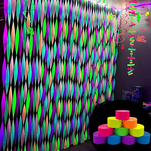 400 feet Glow Party Neon Streamer Decorations Glow Crepe Paper Streamers UV Reactive Fluorescent Neon Paper Streamers Glow in The Dark Party Supplies and Decorations Wedding Birthday Blacklight Party in Kuwait