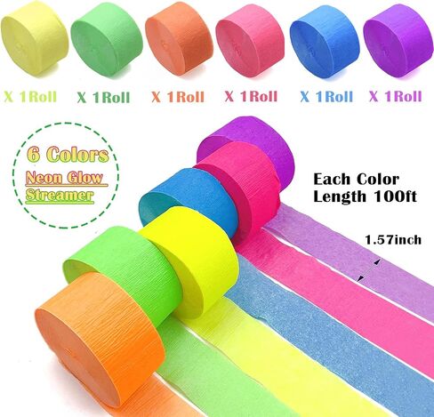 400 feet Glow Party Neon Streamer Decorations Glow Crepe Paper Streamers UV Reactive Fluorescent Neon Paper Streamers Glow in The Dark Party Supplies and Decorations Wedding Birthday Blacklight Party in Kuwait