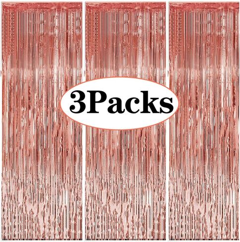 3 قطع ستائر من رقائق معدنية ذات اهداب ذهبية وردية، ستائر من الشبك المعدني مقاس 3.28 قدم × 8.3 قدم لاعياد الميلاد وحفلات الزفاف وحفلات ما قبل الزواج وحفلات الخطوبة وحفلات استقبال المولود in Kuwait