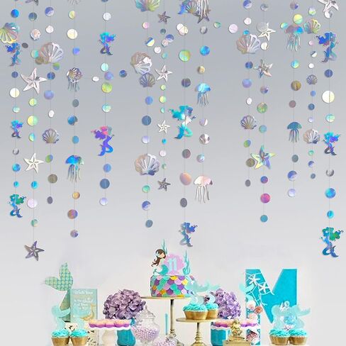 52 Ft Mermaid Party Decorations Purple Teal Coral Garland with Jellyfish Seashell Starfish Pearl Lavender Aqua Paper Streamer for Under The Sea Little Mermaid Theme Birthday Bachelorette Baby Shower in Kuwait