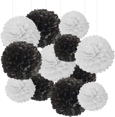 YESON Black and Gold Tissue Paper Pom Poms Hanging Tissue Flowers Poms Decorations Pack of 12 for Wedding, Birthday,Party Backdrop Decor ect. (12", 10",Tissue Paper Flowers) in Saudi Arabia