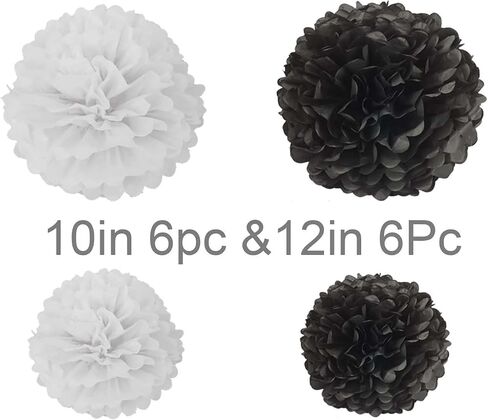YESON Black and Gold Tissue Paper Pom Poms Hanging Tissue Flowers Poms Decorations Pack of 12 for Wedding, Birthday,Party Backdrop Decor ect. (12", 10",Tissue Paper Flowers) in Saudi Arabia